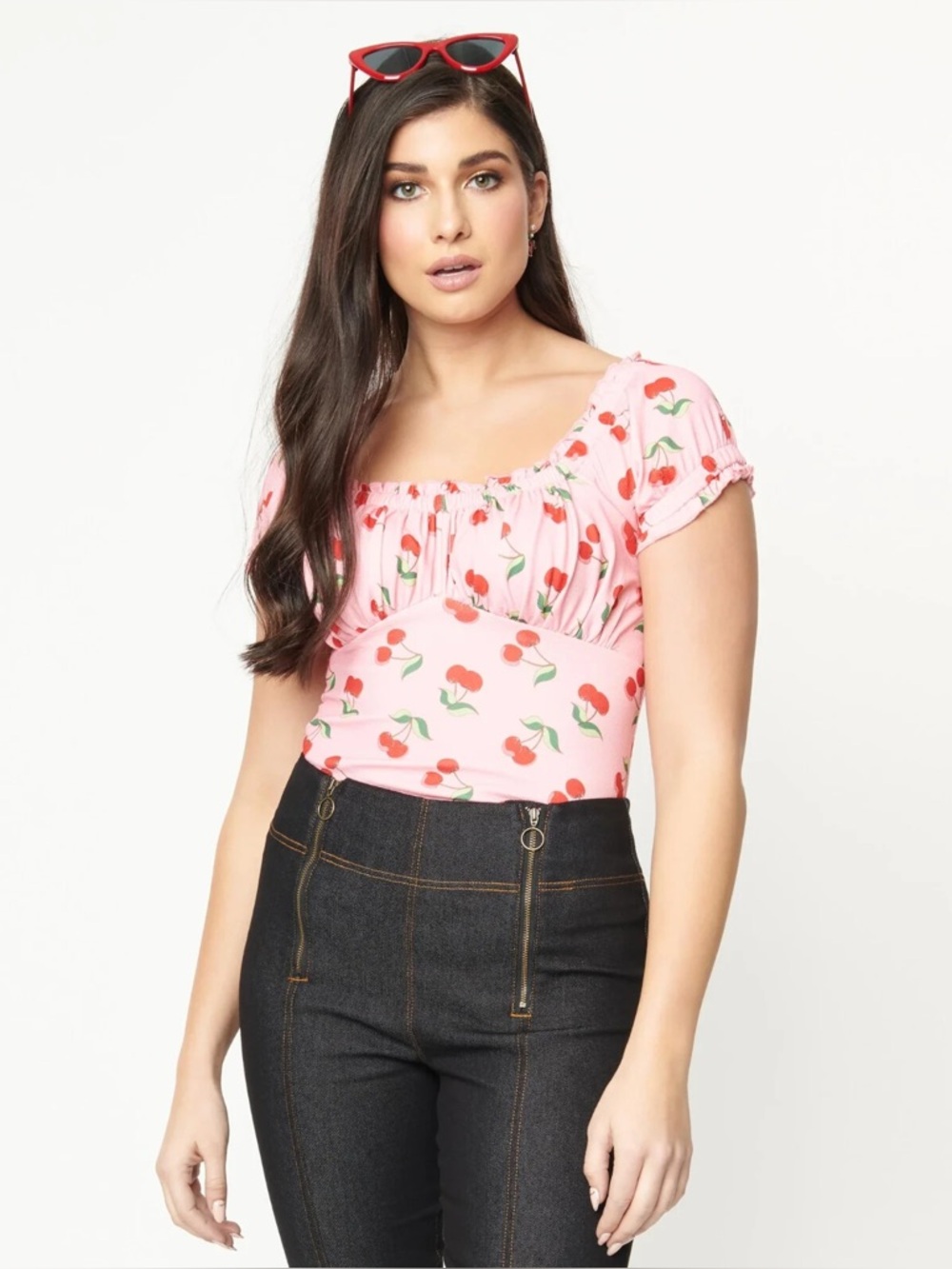 NWT Unique Vintage Cherry Print Short Puff Sleeve Top Large
